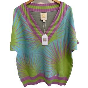 Emily McCarthy Palm Springs Sweater XL NWT Palm Print Resort Coastal Top